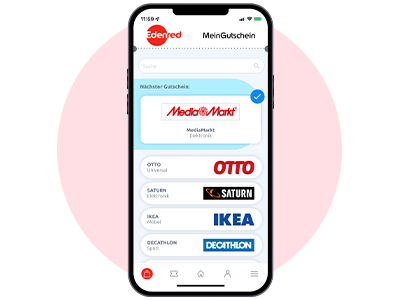 MeinGutschein in der mobilen Ansicht mit einer Übersicht Partner wie Otto, Ikea, Saturn, MediaMarkt und Decathlon