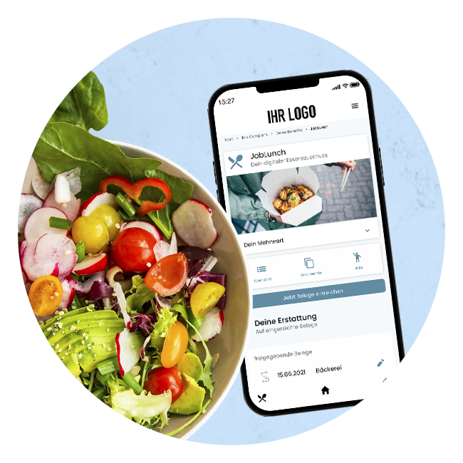 Die JobLunch-App auf einem Smartphone, links daneben ein Salat